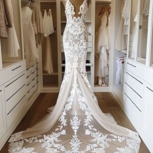 Luxury Lace Mermaid Wedding Dress with Plunge Illusion Neckline & Cathedral Train.