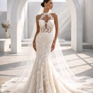 Lace Mermaid Wedding Dress with Illusion Necklace.