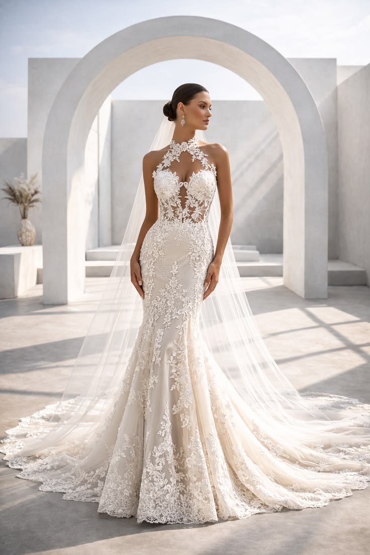 Lace Mermaid Wedding Dress with Illusion Necklace.